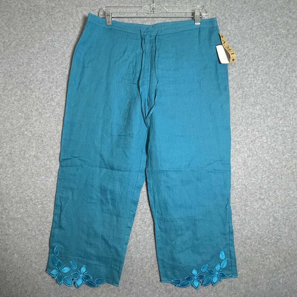 New A.M.I. Linen Cropped Pants Women PL Teal Blue Embroidered Hem Coastal Summer